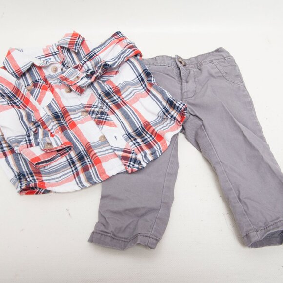 Old Navy Baby Boy 2-Piece Outfit 6–12 Months – Red Plaid Shirt & Gray Pants Set - Picture 2 of 4